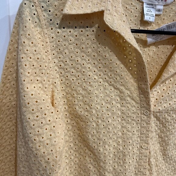 Studio M Yellow Eyelet 3/4 Sleeves Button-Up Blouse Size L Breezy Lightweight - Picture 4 of 10